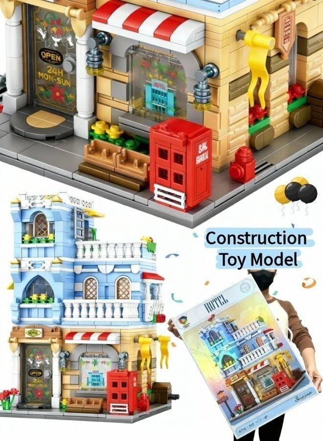 713 قطعة من مكعبات بناء فندق القلعة ثلاثية الأبعاد، فكرة هدية لعيد الفطر ورمضان، نموذج لعبة بناء تعليمية في مجال العلوم والتكنولوجيا والهندسة والرياضيات، مجموعة بناء إبداعية بمناظر الشوارع للأطفال والهواة - Image 5